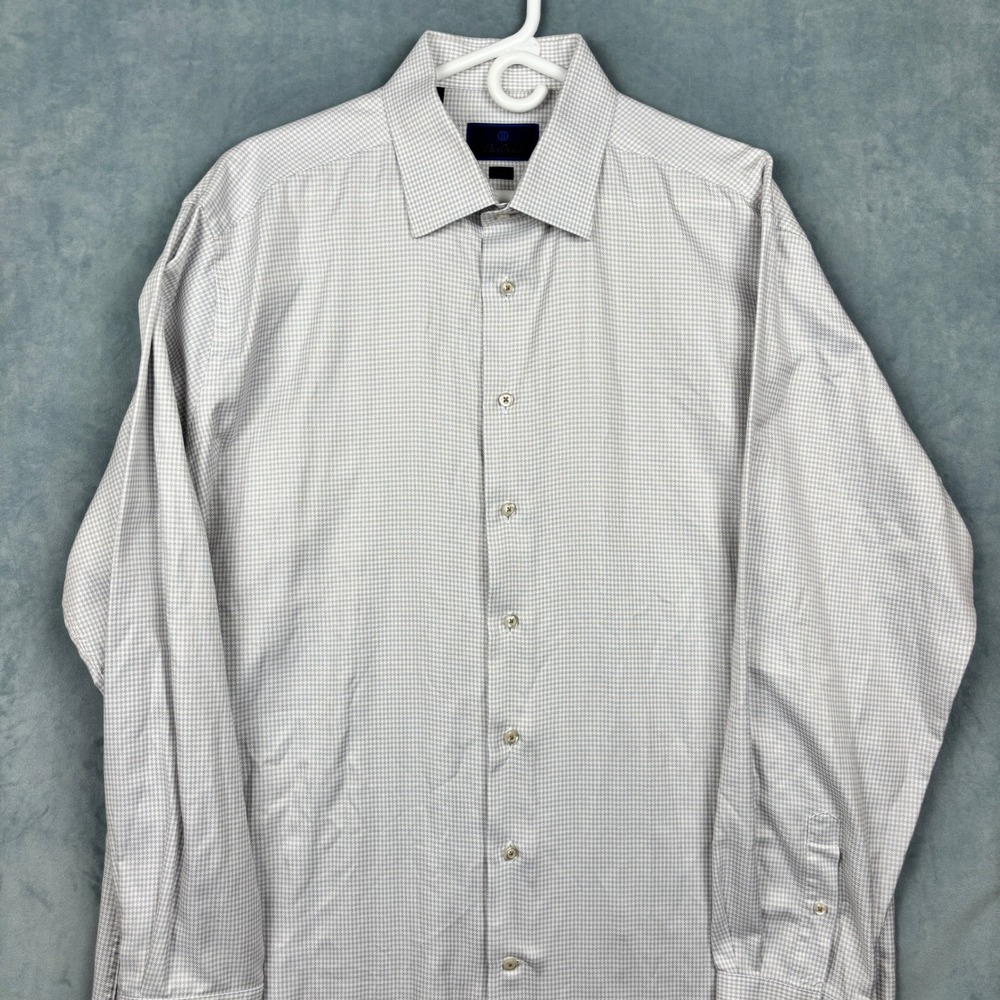 David Donahue Mens Trim Fit Dress Shirt 18 36/37 Micro Houndstooth Cotton Blue